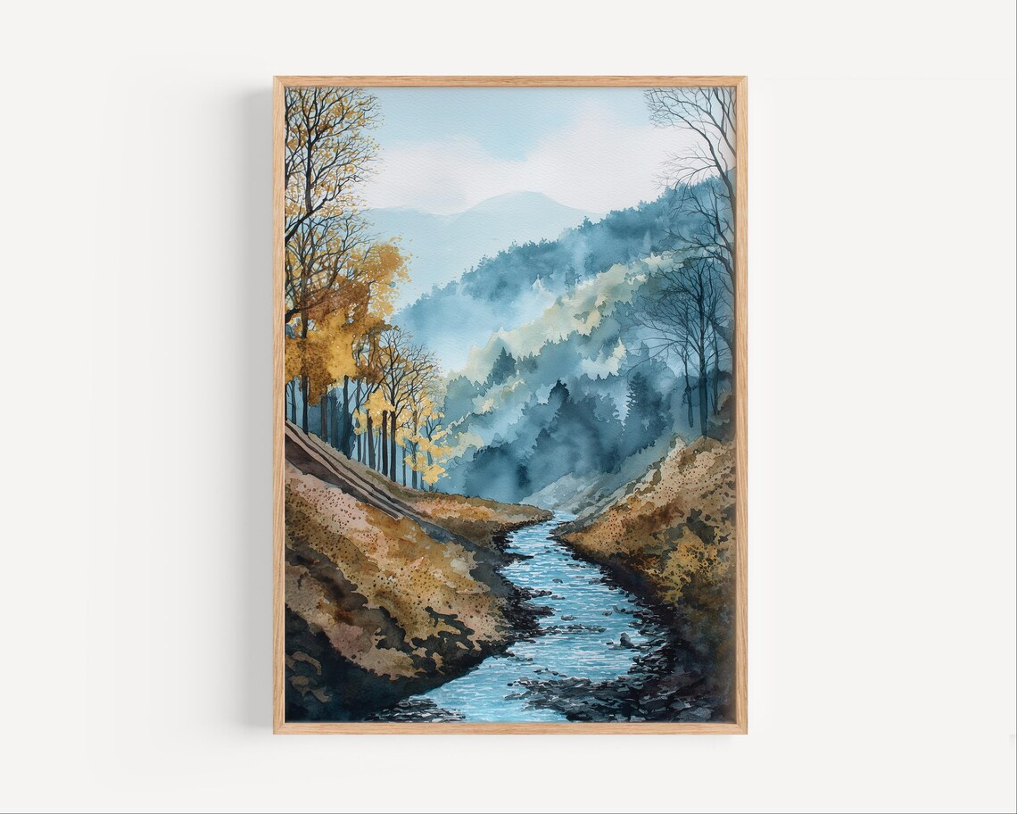 West Virginia Autumn Mountain Stream Misty Watercolor Landscape Poster