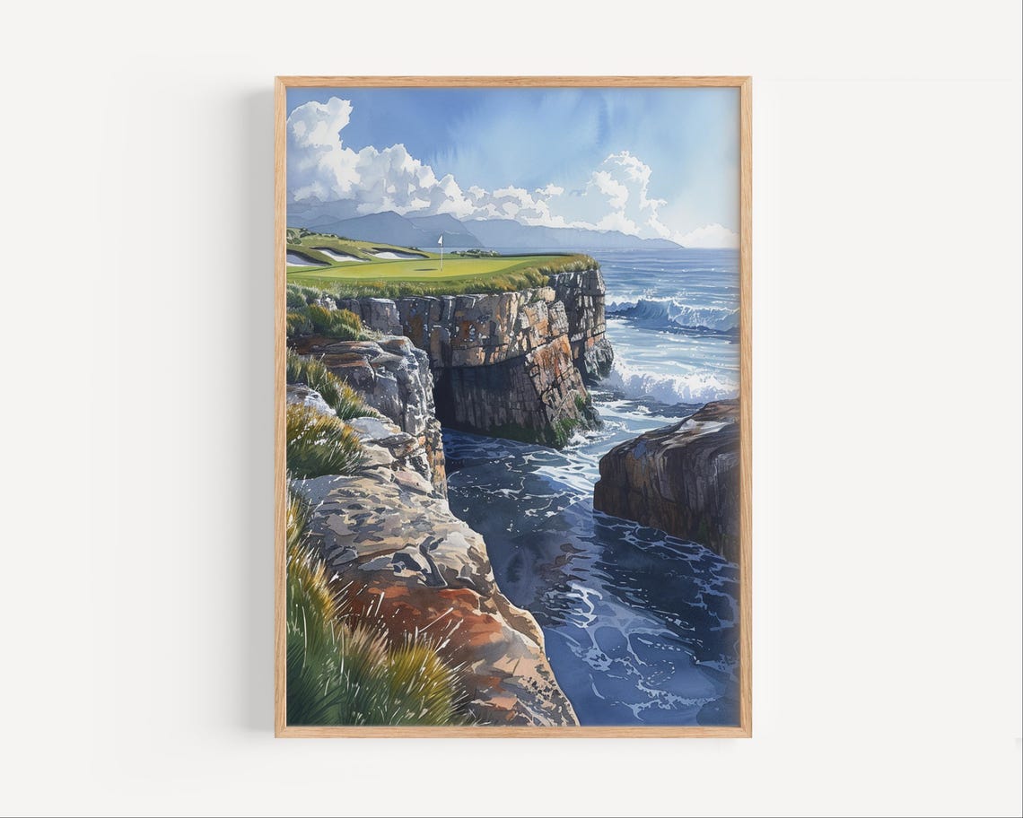Scotland Coastal Golf Course Cliffside Links Watercolor Poster