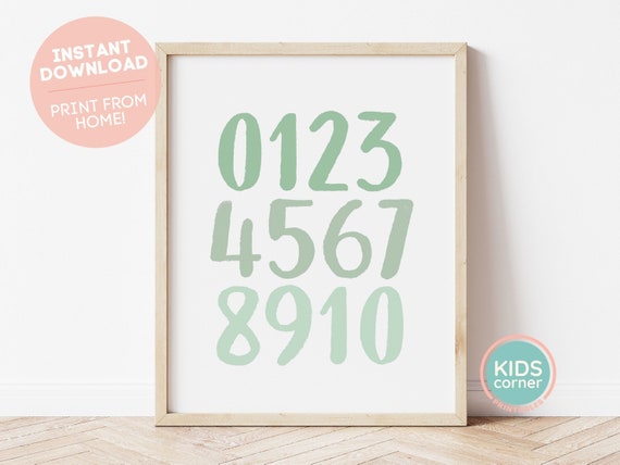 Numbers Wall Art Nursery Decor Playroom Number Poster Instant Educational Print Kids Wall Art Green