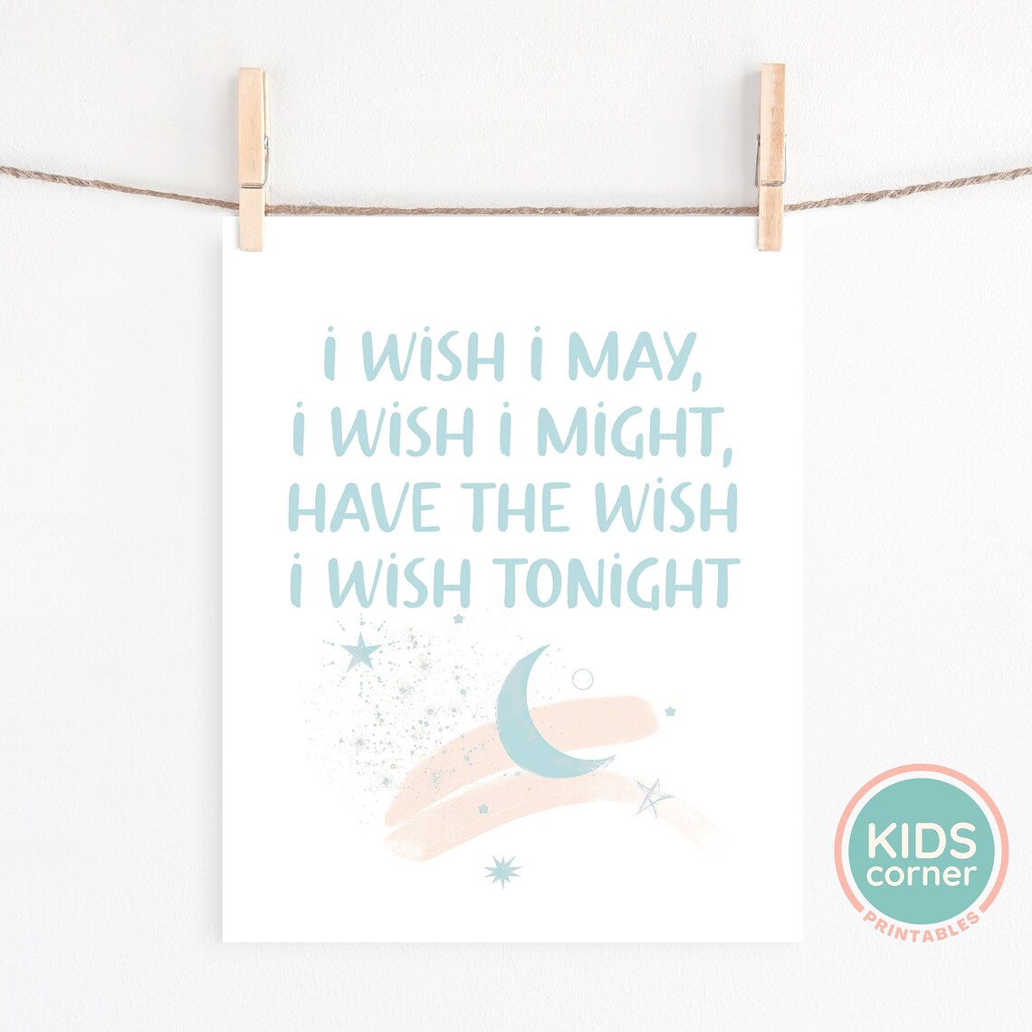 I Wish I May I Wish I Might Teal Moon and Stars Bedtime Quote Poster - Image 2