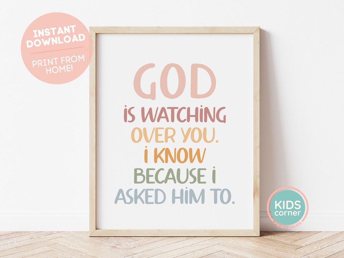 God Is Watching Over You Pastel Nursery Kids Faith Quote Poster - Image 3