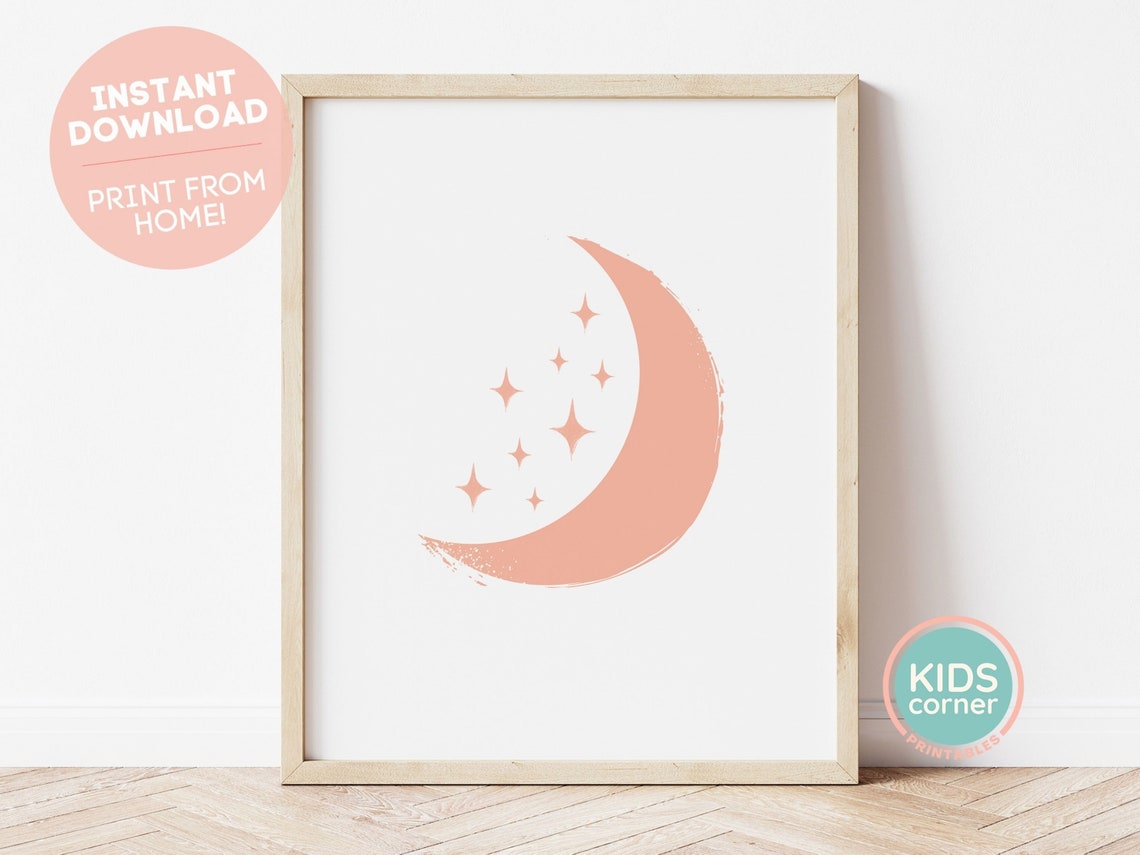 Orange Crescent Moon and Stars Nursery Wall Decor Night Sky Poster