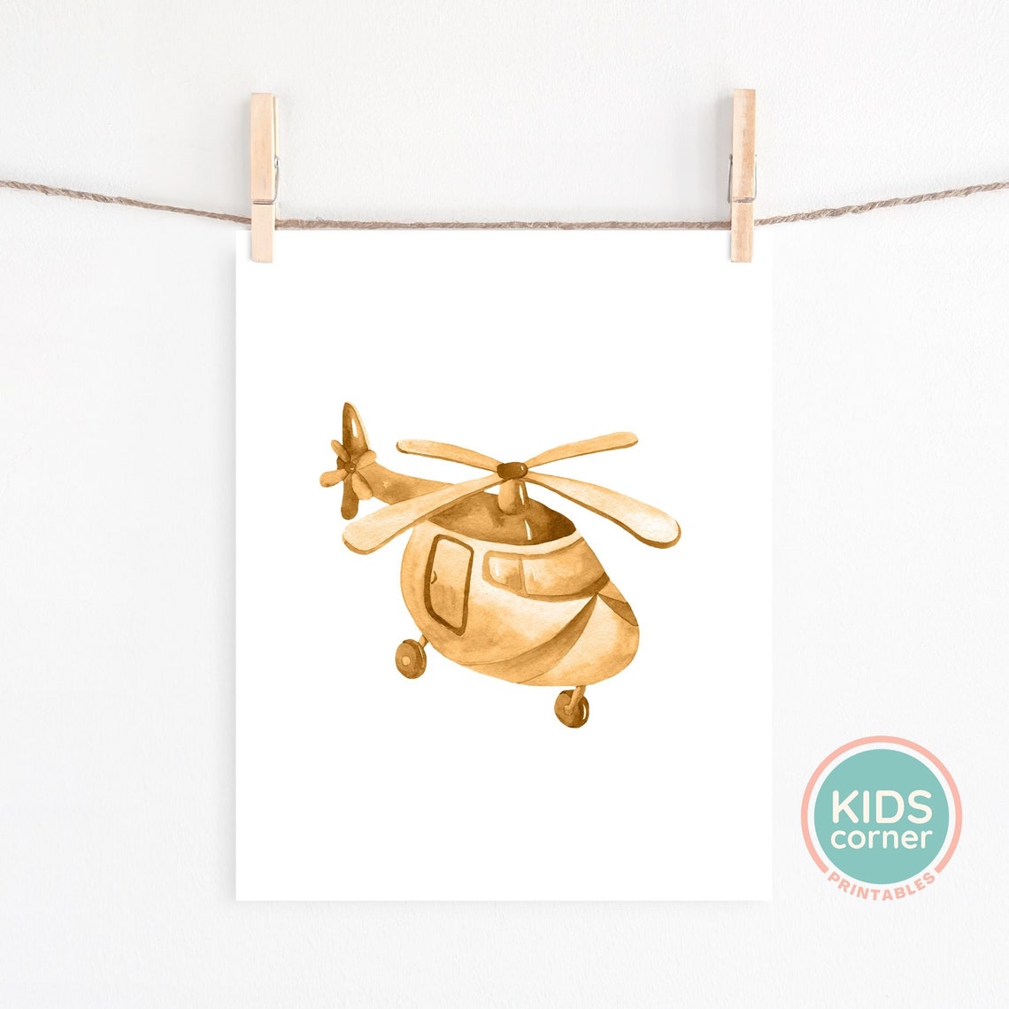 Brown Watercolor Helicopter Kids Room Aviation Nursery Art Poster - Image 2