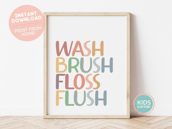 Wash Brush Floss Flush Earthy Tones Kids Bathroom Routine Poster