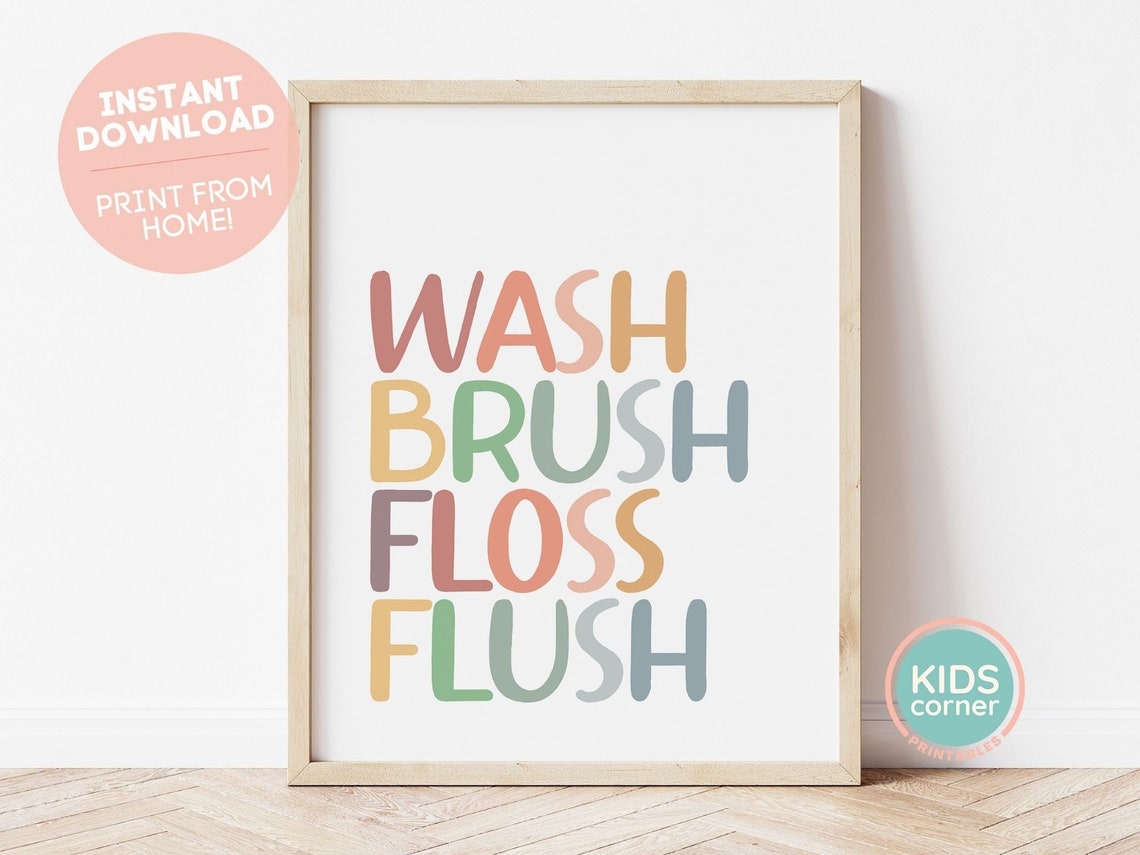 Wash Brush Floss Flush Earthy Tones Kids Bathroom Routine Poster