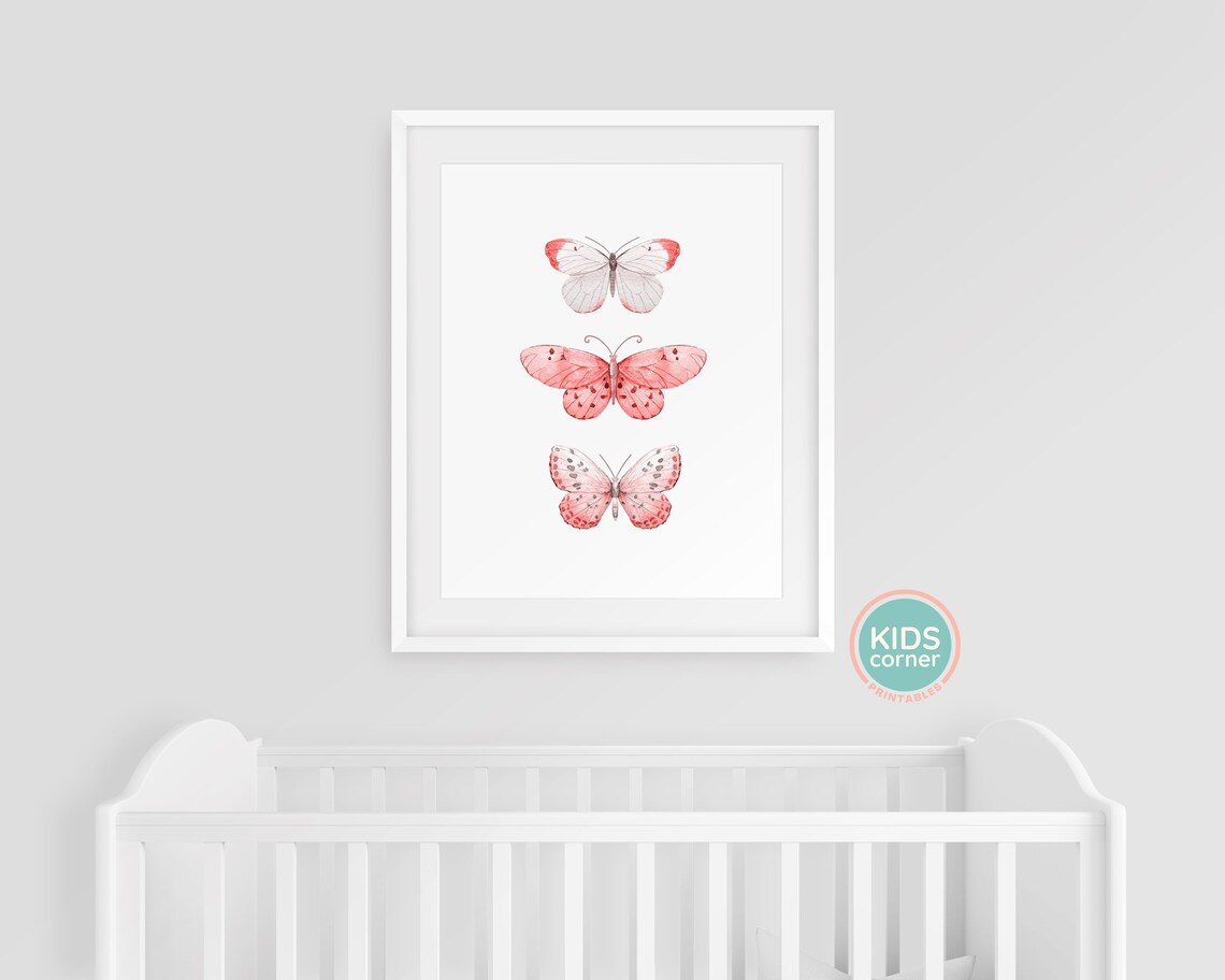 Pink Watercolor Butterflies Poster Trio Nursery Girls Room Art - Image 3