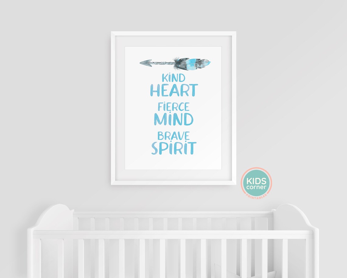 Kind Heart Fierce Mind Brave Spirit Feather Arrow Quote Poster Blue - Image 3