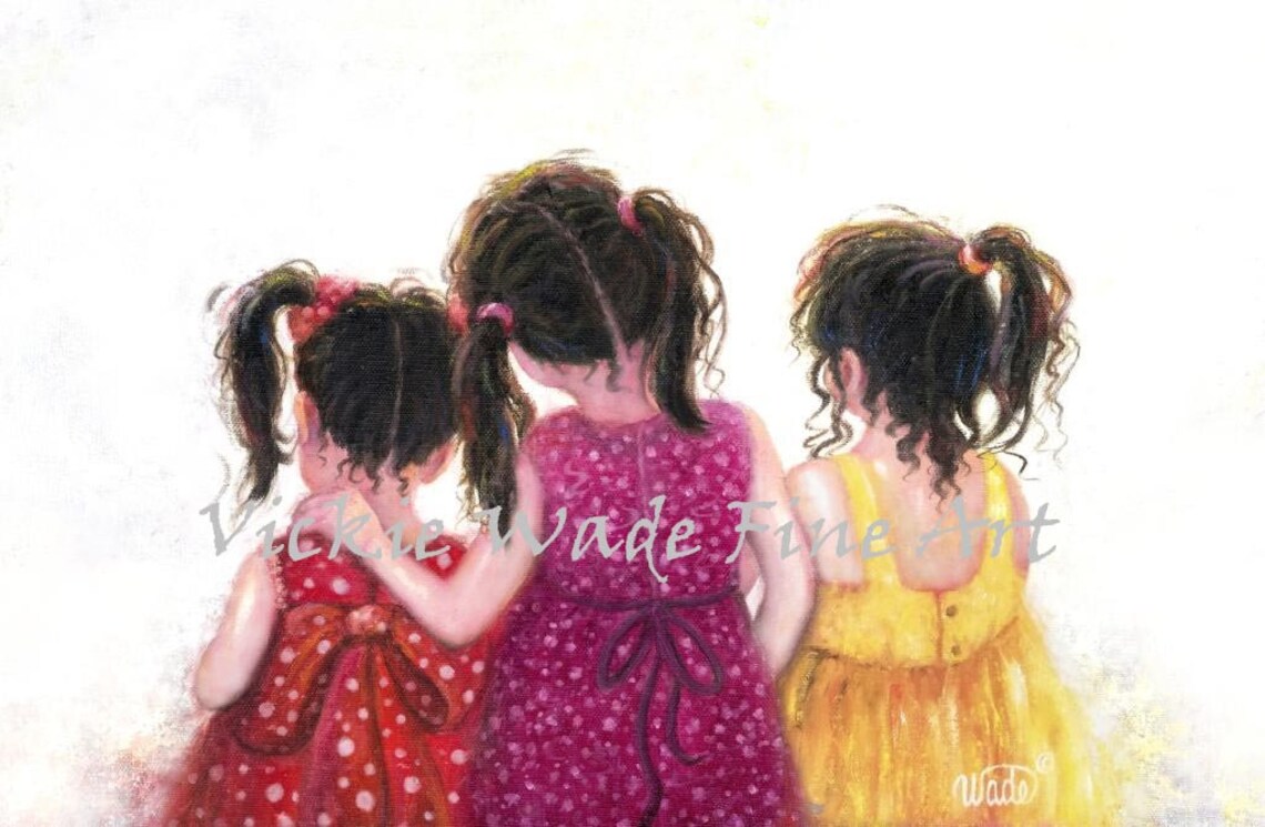 Three Little Girls in Polka Dot Party Dresses Hugging Poster