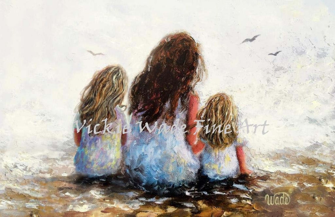 Mother with Her Two Daughters Sitting Together by the Sea Poster