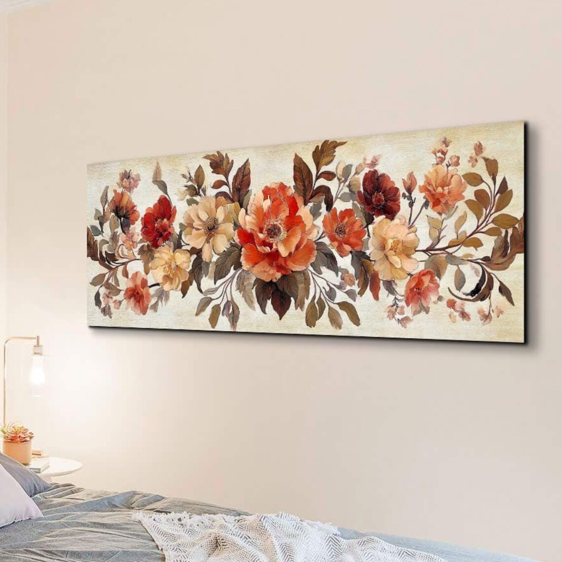 Autumn Poppy Flower Garland Panoramic Vintage Floral Art Poster