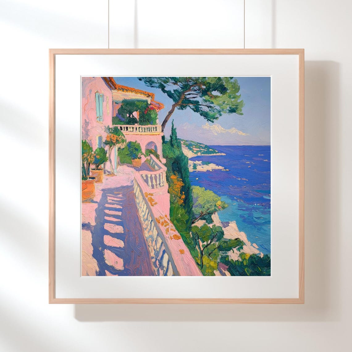 Pink Coastal Villa Terrace Blue Sea Mediterranean View Art Poster