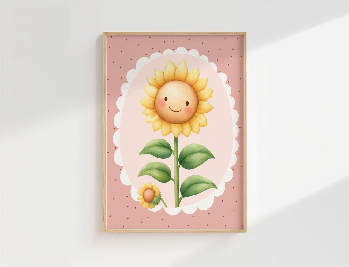 Happy Smiling Sunflower Face Pink Nursery Cute Floral Wall Poster