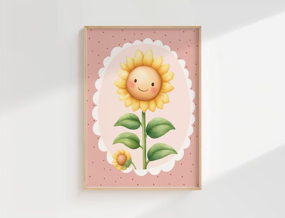 Happy Smiling Sunflower Face Pink Nursery Cute Floral Wall Poster