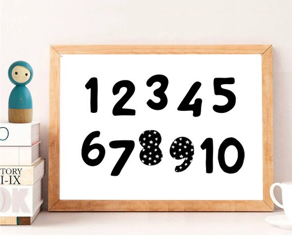 Wall Art Numbers Black White Nursery Landscape Typography Number Stars