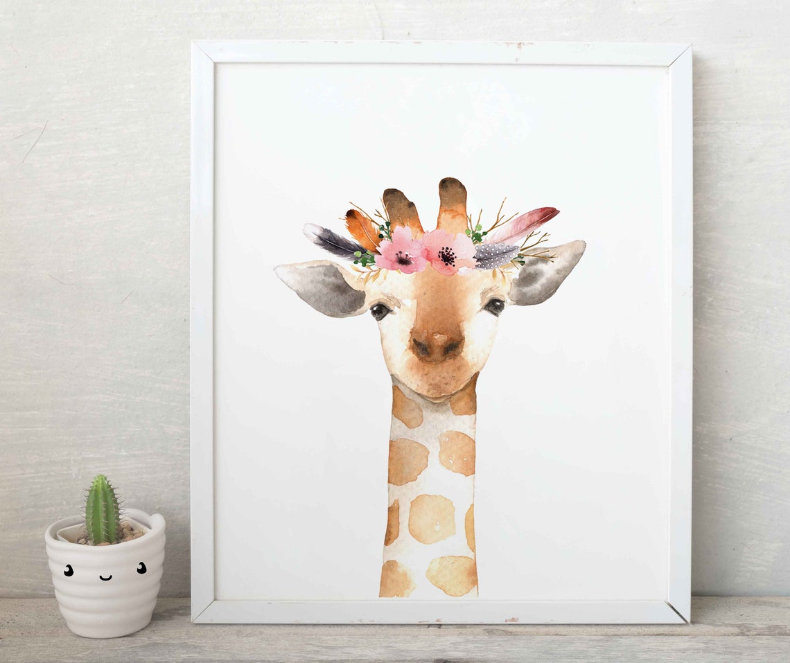 Baby Giraffe with Pink Floral Feather Crown Nursery Art Poster