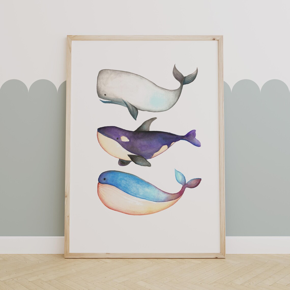 Watercolor Trio of Whales Ocean Nursery Kids Room Art Poster