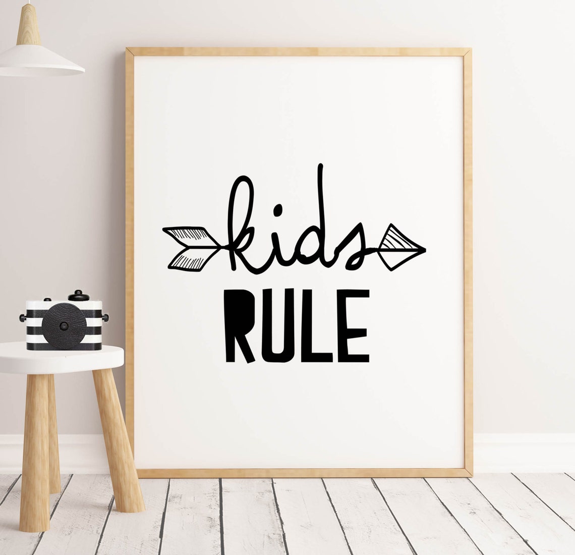 Kids Rule Arrow Script Black and White Monochrome Nursery Poster
