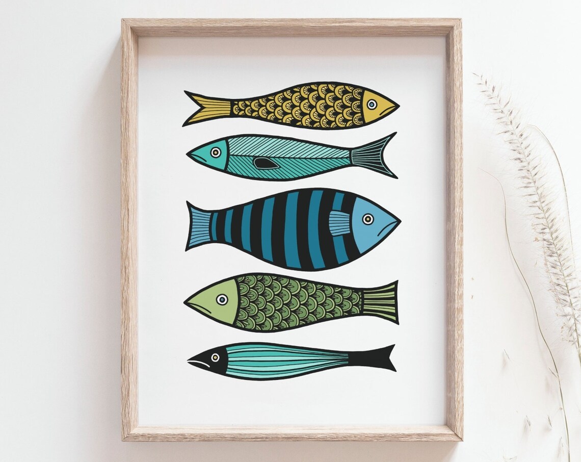 Colorful Sardine Fish Poster, Nautical Coastal Decor