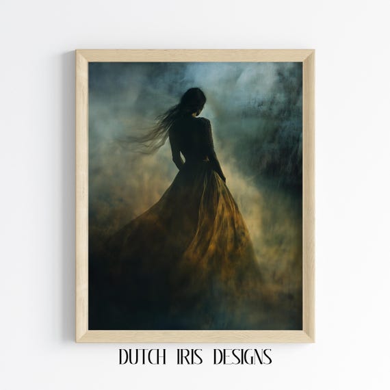 Ghostly Woman In Flowing Gown Painting Moody Halloween Wall Art Spooky Figure Dark Ethereal Decor Gothic Artwork 468