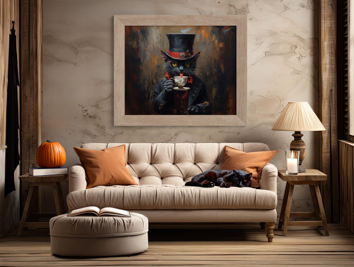 Dapper Black Cat In Top Hat Holding Teacup Vintage Style Art Poster - Image 2