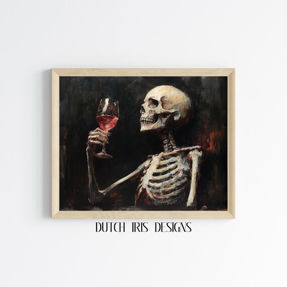 Gothic Skeleton Raising A Glass Of Red Wine Dark Oil Painting Art Poster