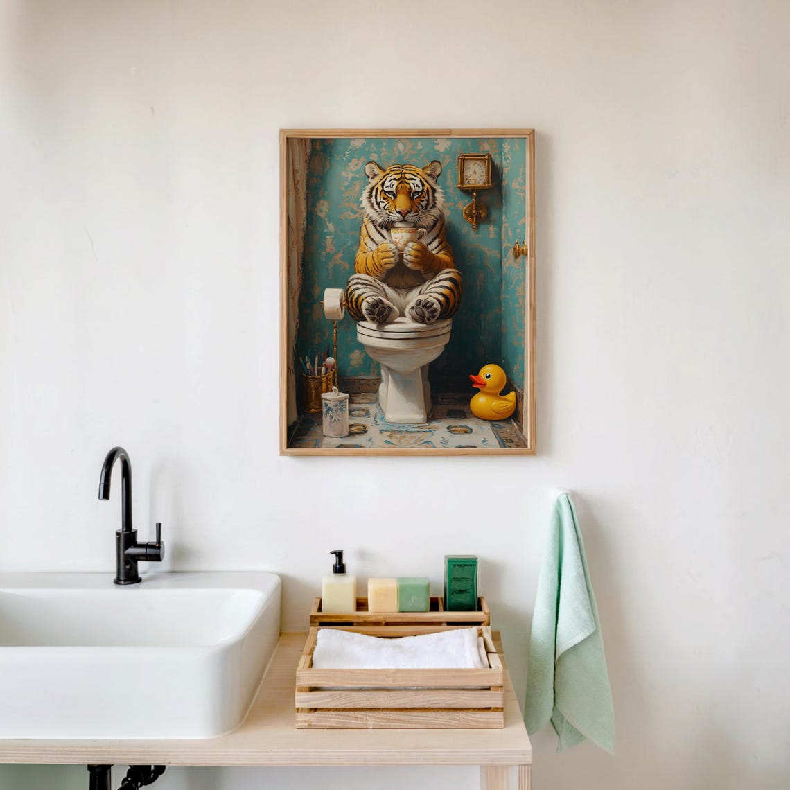 Whimsical Bathroom Tiger Funny Animal Toilet Scene Wall Poster - Image 3