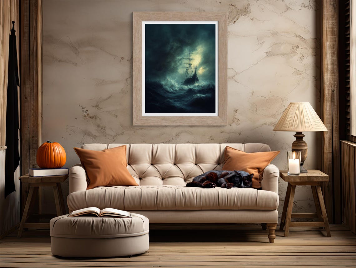 Phantom Ghost Ship Sailing Stormy Moonlit Sea Nautical Poster - Image 2