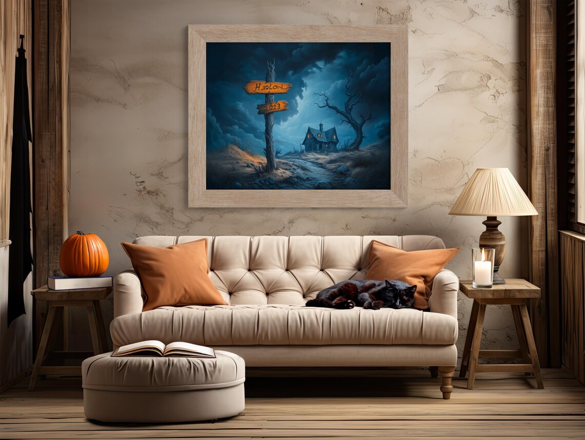 Spooky Hollow 2023 Wooden Signpost Pointing to a Haunted Cottage Poster - Image 2