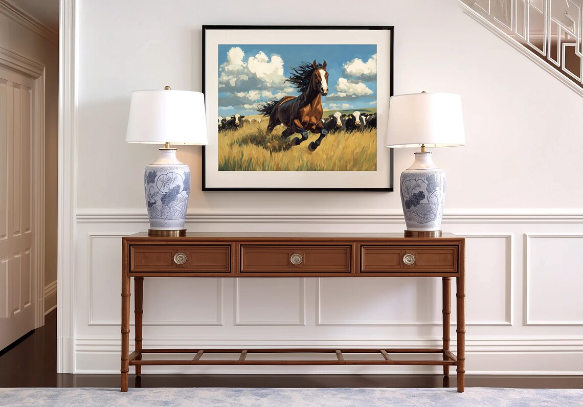 Brown Horse Running In Golden Wheat Field With Cattle Rustic Poster - Image 4