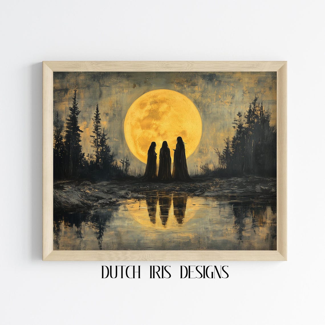 Three Witches Beneath a Giant Golden Full Moon Lake Reflection Poster
