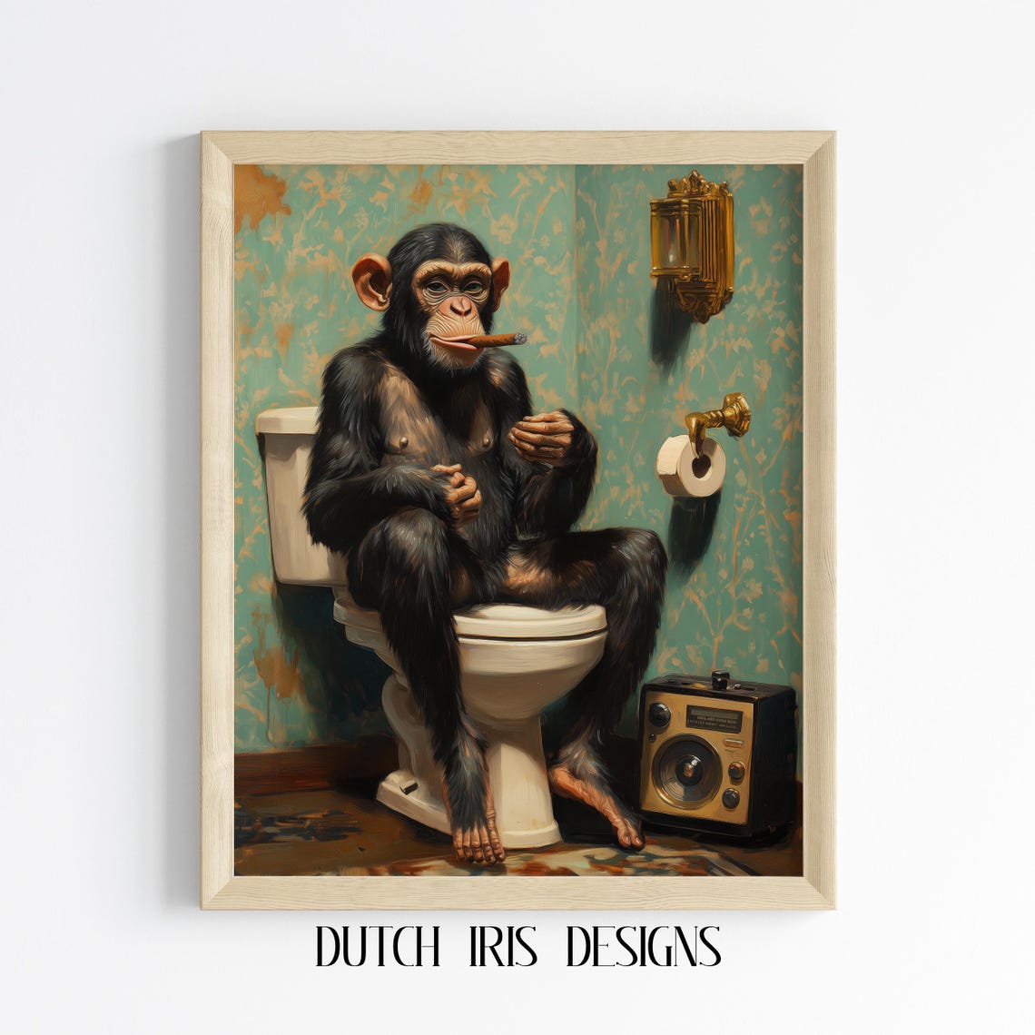Whimsical Monkey In Bathroom Art Vintage Style Oil Painting Humorous Wall Decor Playful Print 688