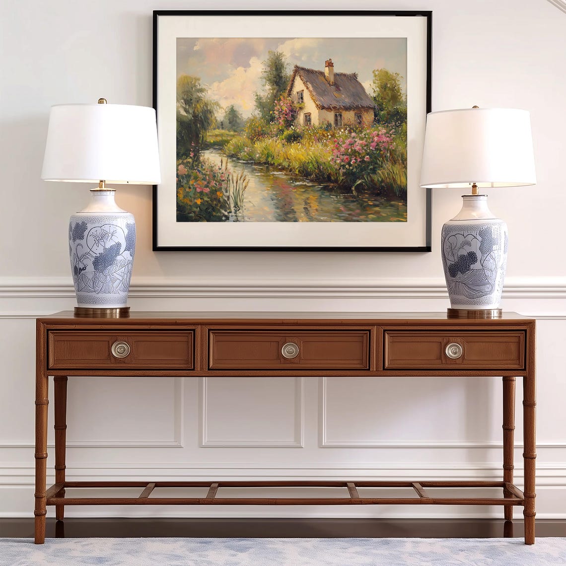 Thatched Cottage By Stream Wildflower Garden Rustic Landscape Poster - Image 2