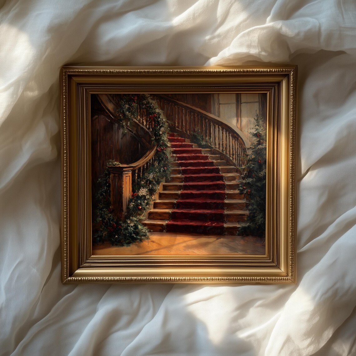 Victorian Staircase With Red Carpet And Christmas Garland Elegant Art Poster - Image 2
