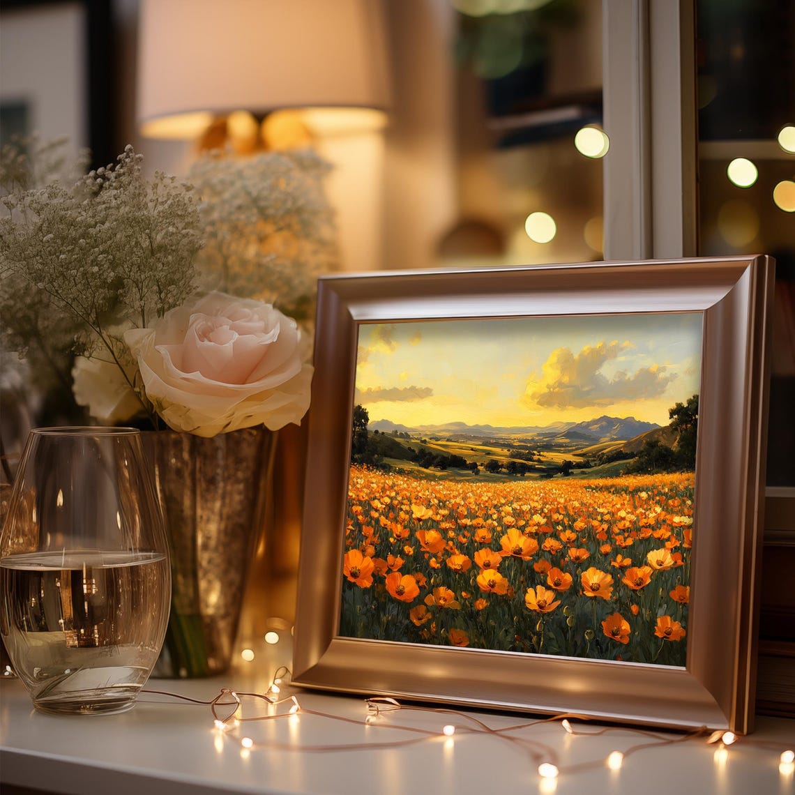 Golden Yellow Poppy Field at Sunset with Distant Mountain Hills Poster - Image 3