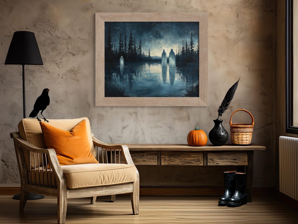 Ghostly Figures Standing In Starry Night Lake Pine Forest Poster - Image 4