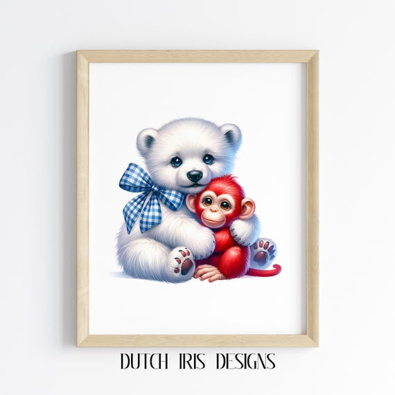Nursery Wall Art Cute Baby Polar Bear And Toy Monkey Adorable Kids Room Decor Playful Animal Illustration 265
