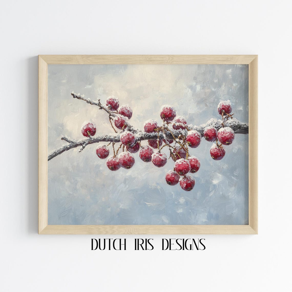 Frost Covered Red Berries Winter Twig Impressionist Art Poster