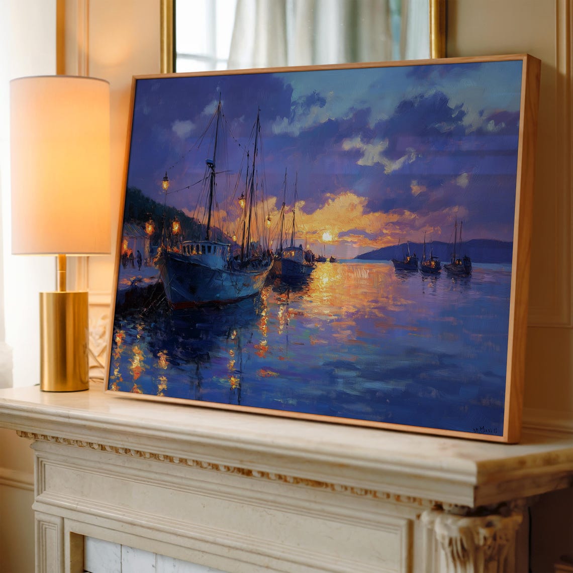 Fishing Boats In Harbor At Sunset Night Lights Impressionist Poster - Image 3