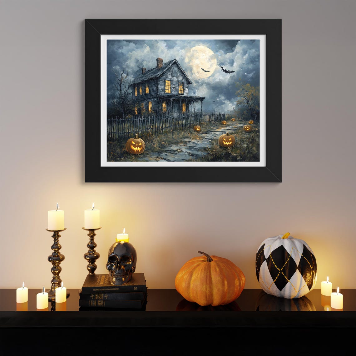 Haunted House Under Full Moon With Jack O Lanterns Bats Poster - Image 3