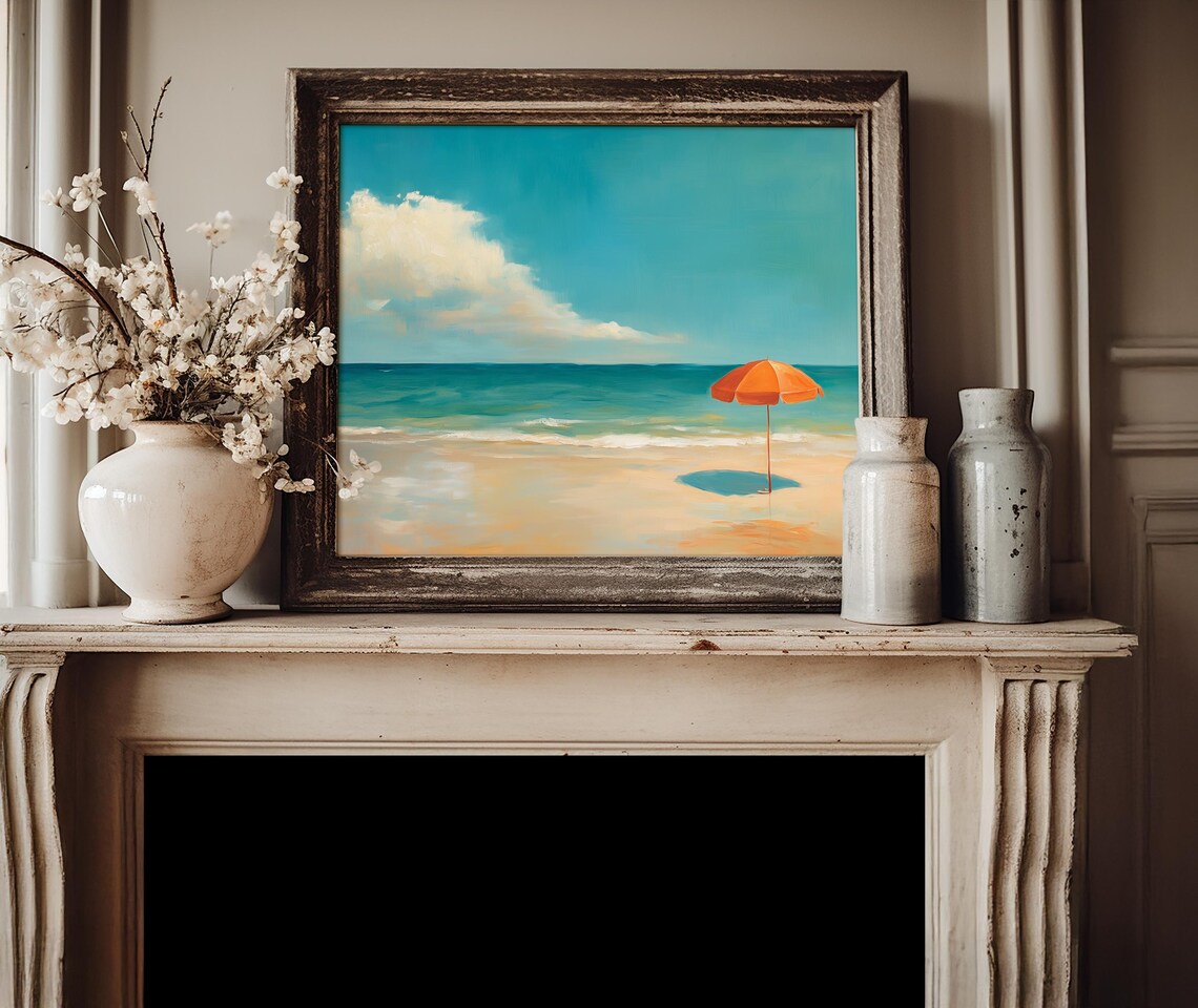 Orange Umbrella On Quiet Beach With Turquoise Sea Minimal Summer Poster - Image 4