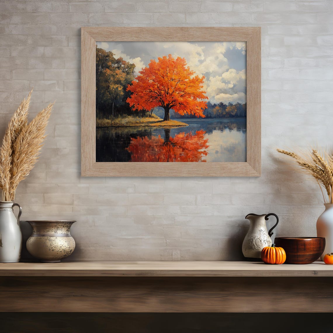 Autumn Maple Tree By Still Lake Mirror Reflection Landscape Poster - Image 4