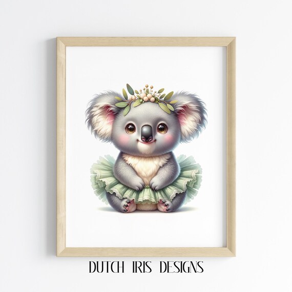 Cute Baby Koala In Green Tutu With Leaf Crown Nursery Art Poster