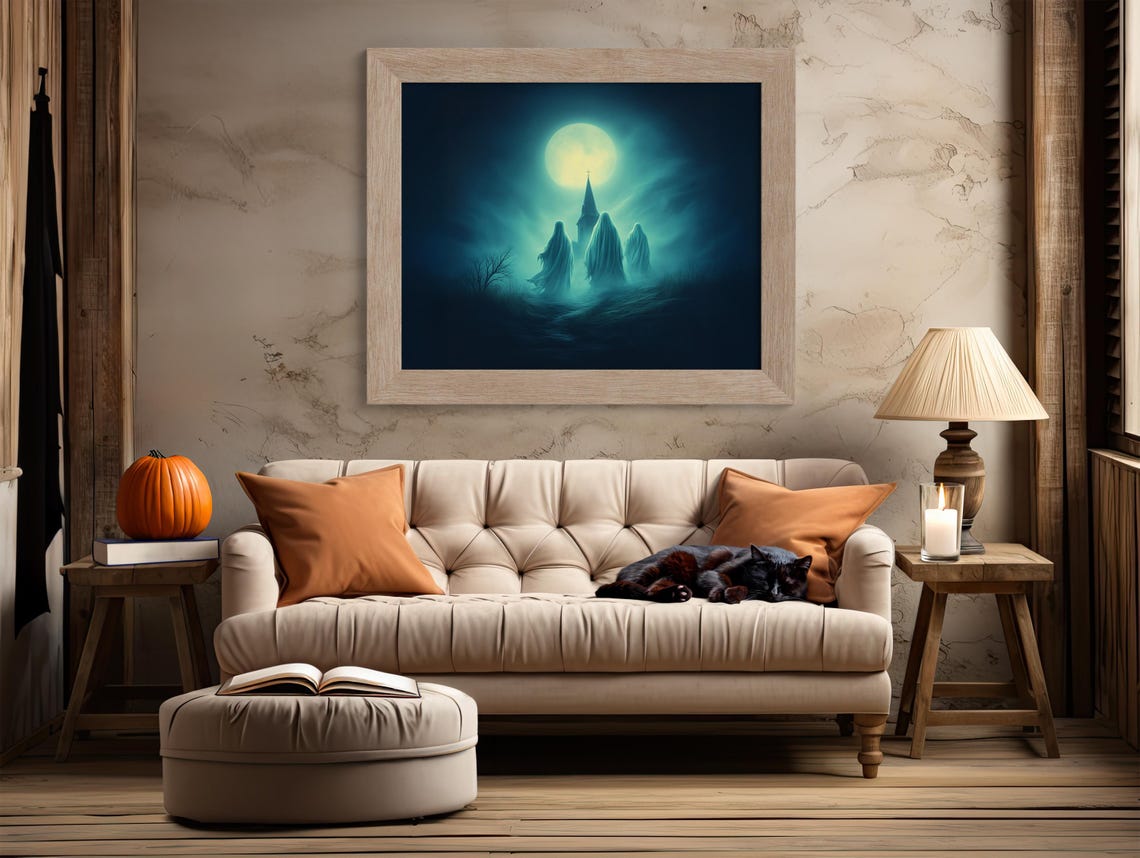 Three Ghostly Spirits Before a Church Steeple Under Green Moon Poster - Image 2