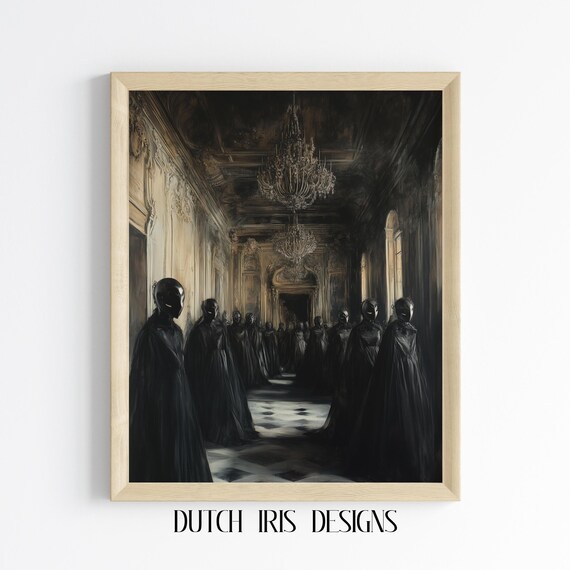 Masked Figures In Dark Grand Hall With Chandeliers Gothic Poster