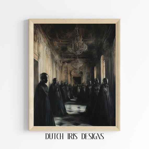 Vintage Masked Ball In Grand Hall Moody Halloween Wall Art Dark Gothic Decor Romantic Ballroom Scene Decaying Mystery 469