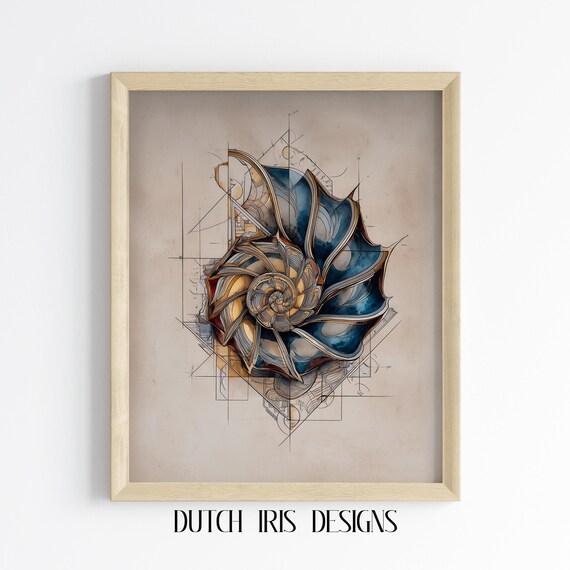 Spiral Seashell With Blueprint Geometry Elegant Nautical Wall Poster