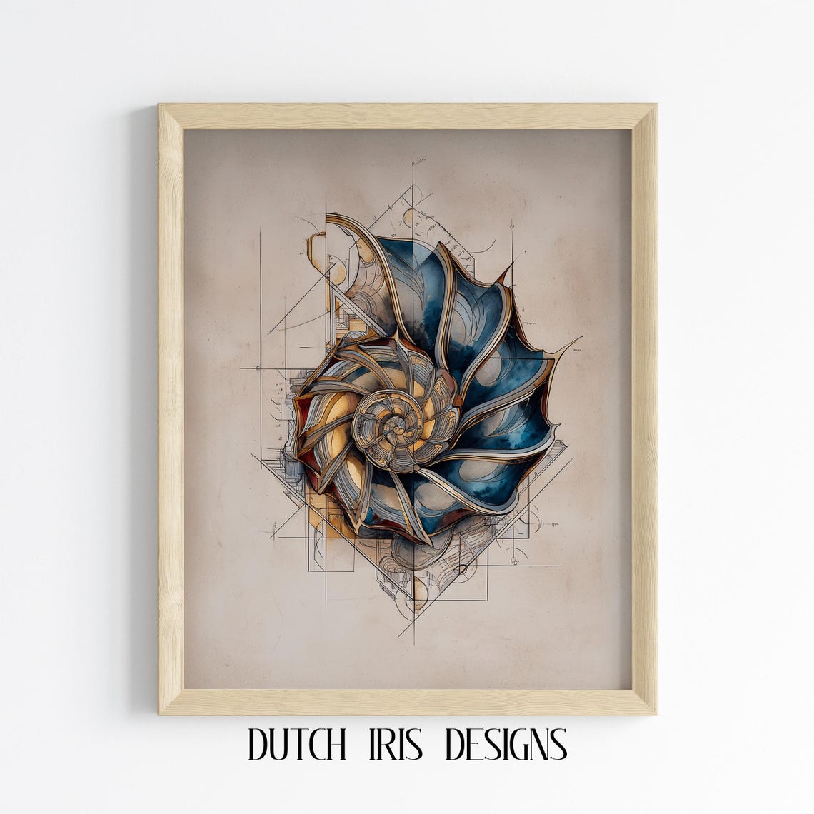 Spiral Seashell With Blueprint Geometry Elegant Nautical Wall Poster