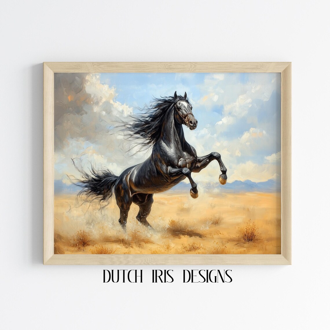Black Horse Rearing In Golden Desert Majestic Equestrian Poster