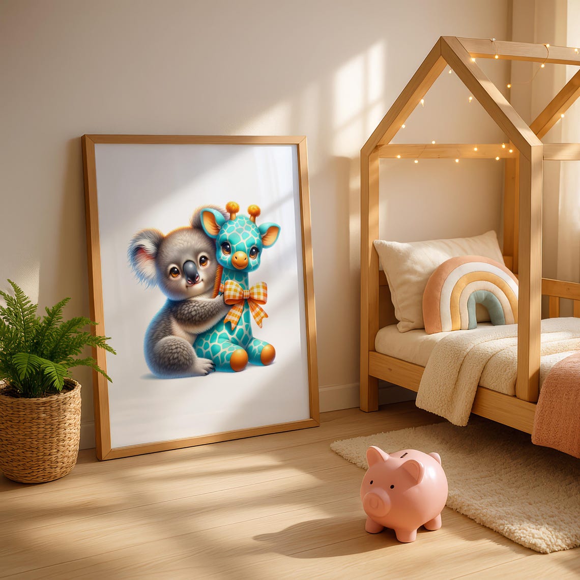 Baby Koala With Teal Toy Giraffe Cute Whimsical Nursery Poster - Image 3
