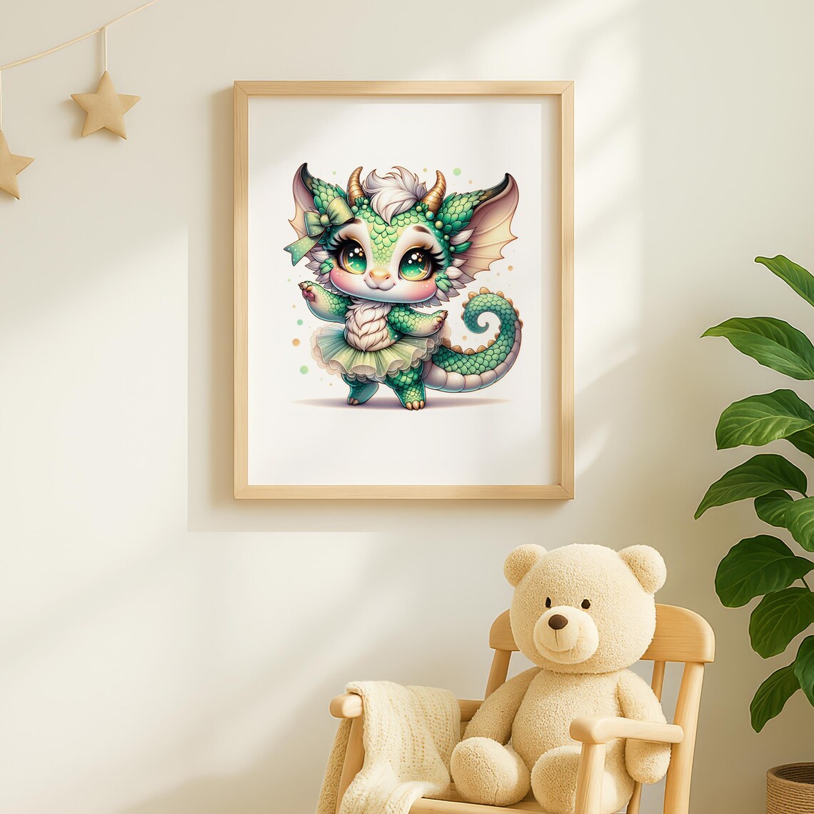 Whimsical Baby Dragon In Green Tutu And Bow Fantasy Nursery Art Poster - Image 2